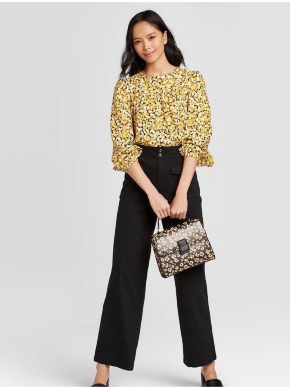 LOFT medium Yellow and Gray Floral V-Neck Blouse